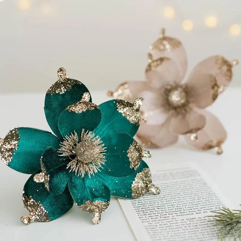 Decorative Flowers 20CM Simulation Christmas Flower Sequins Magnolia Tree Wreath Accessories Fake