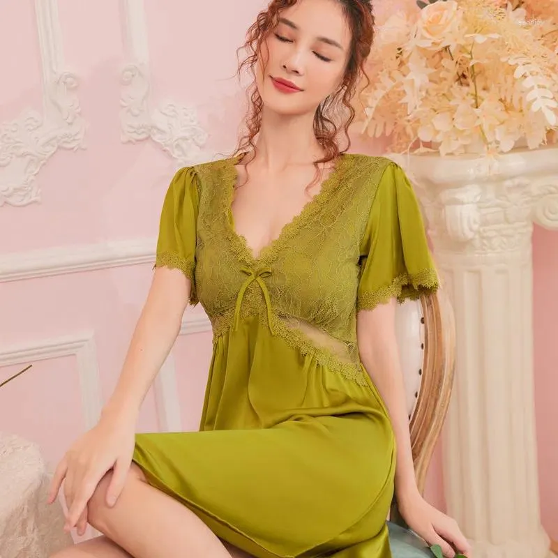 Mulheres sleepwear sexy verão nightdress mulheres cetim sedoso doce laço guarnição casa vestido nightie nightgown lingerie nightwear