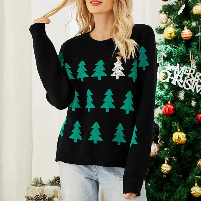 Women's Sweaters Christmas Jacquard Sweater For Women 2023 Winter Warm Pullover Tree Knit O Neck Long Sleeve Pullovers