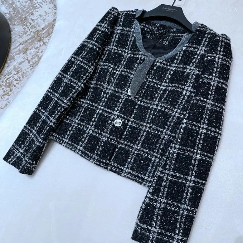 Women's Jackets 2023 Autumn Small Fragrant Short Wool Classic Plaid Tweed Coat Retro Bowtie Bubble Sleeve Outwear