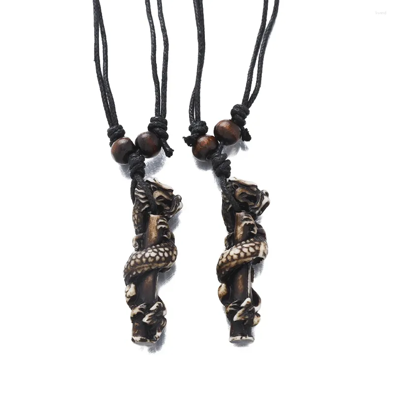 Pendant Necklaces Vintage Ethnic Style Resin Dragon Pillar For Men Tribal Jewelry Necklace With Wooden Beads Adjustable Wax Rope