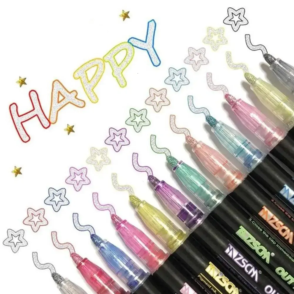 Markörer 12 Färg Double Line Outline Art Pen Marker Pen Diy Graffiti Outline Marker Pen Highlighter Scrapbook Bullet Diary Poster Card 231030