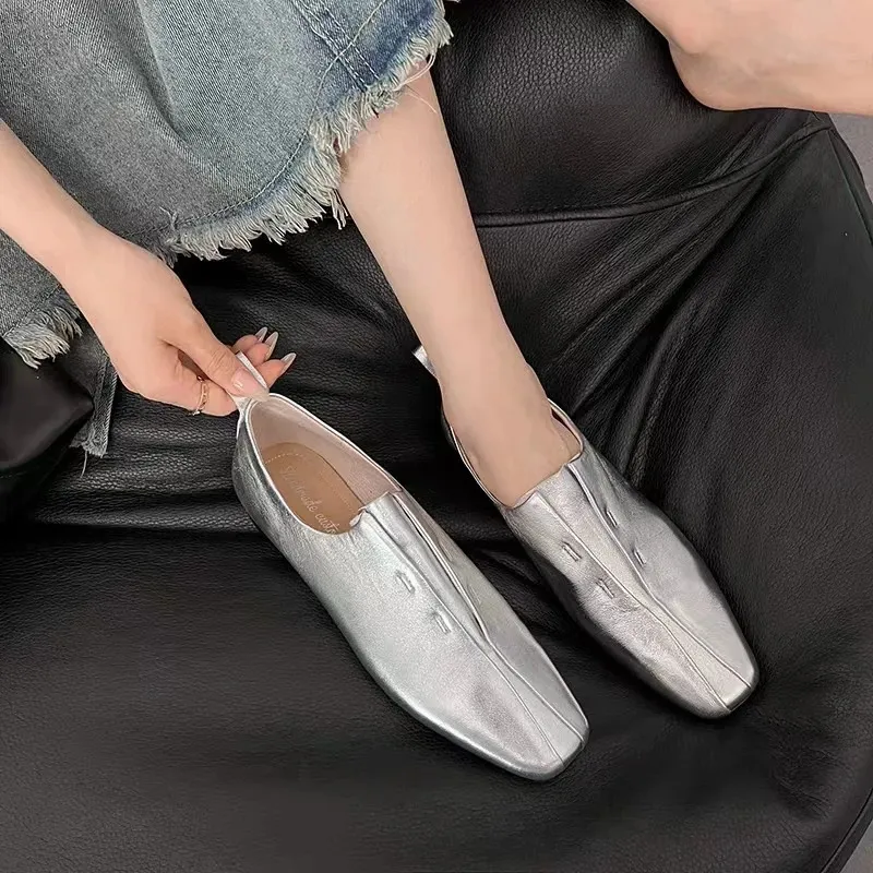 Nette schoenen Dames Platte lederen schapenvacht Comfort Flats Slip on Zilver Beige Eenvoudige lente herfst Zachte loafers Vierkante neus 231030