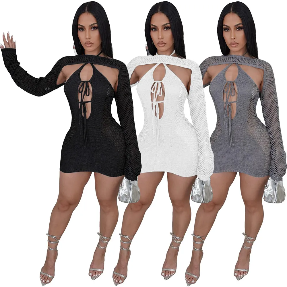 Designer Sexig ihålig klänning Kvinnor grimma rygglösa stickade klänningar CROP TOP TWUS SETS BODYCON MINI Dress Night Club Wear whoelsae kläder 10303