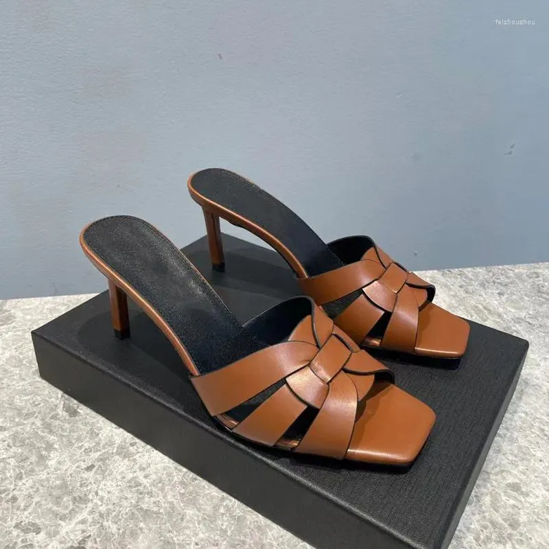 Sandalen High Heels echte Leder -Mode -Hausschuhe Frauen quadratische Zehen Solid Color Ladies Mules weibliche Folien