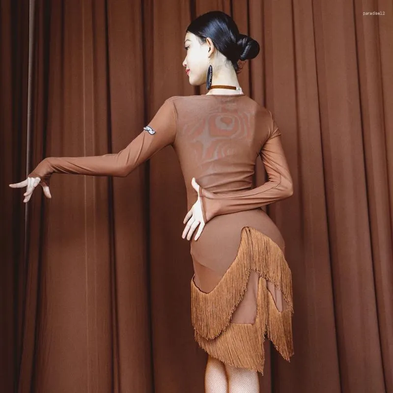 Сценическая одежда 2023, женское платье для латинских танцев с бахромой, сексуальные сетчатые костюмы с v-образным вырезом для выступлений в латиноамериканском стиле, ча-самба, румба, ADL88