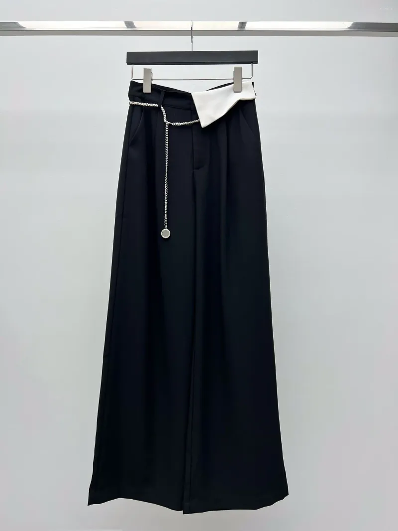 Women's Pants Chain Belt Wide Leg Cuffed Waist Design Loose Version Cut Fabric Draping Super Good 0803