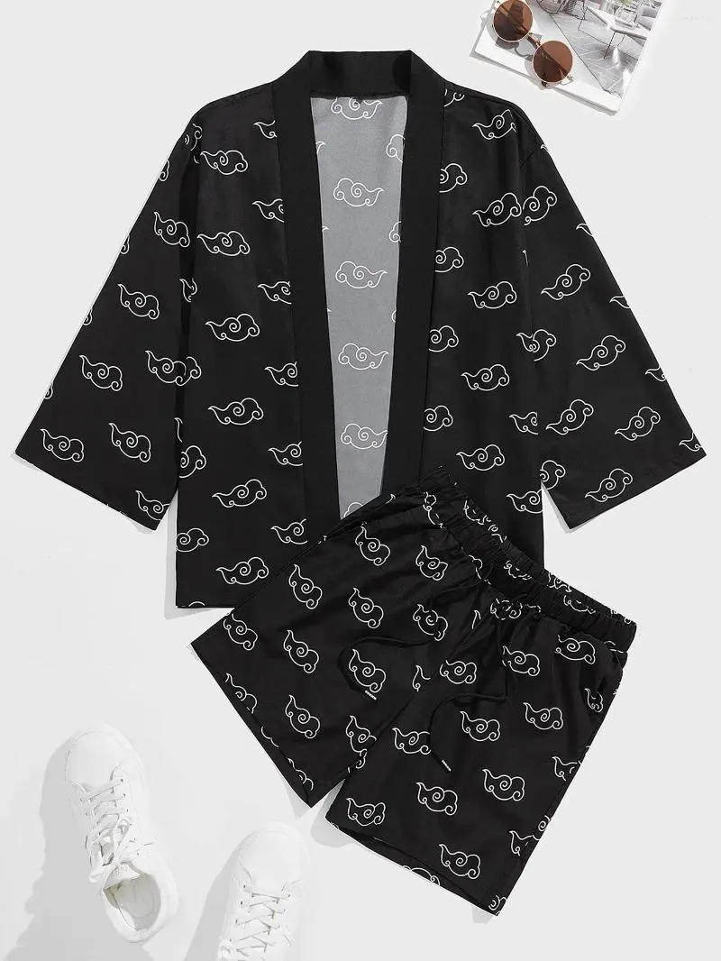 Vêtements ethniques Kimono pour hommes manches trois-quarts blanc nuage impression numérique cardigan chemise short costume 2023 vacances loisirs deux pièces sui