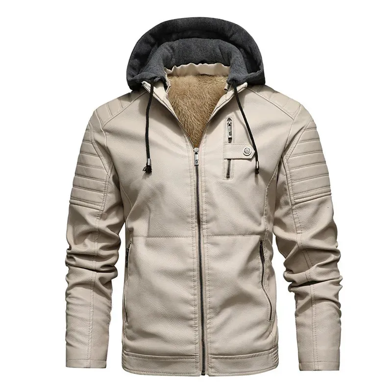 Homens de couro falso moda jaqueta outono lã forro pu casacos com capuz inverno roupas masculinas casual branco motocicleta jaquetas 231027