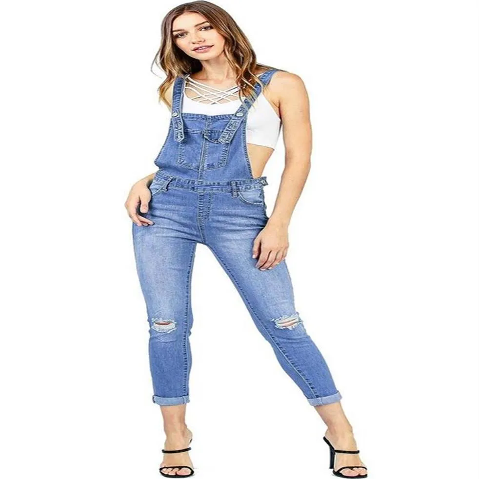 Yeni kadın tulum kot moda manşetler capris denim kot yırtılmış rahat seksi bodysuit alışveriş 343i