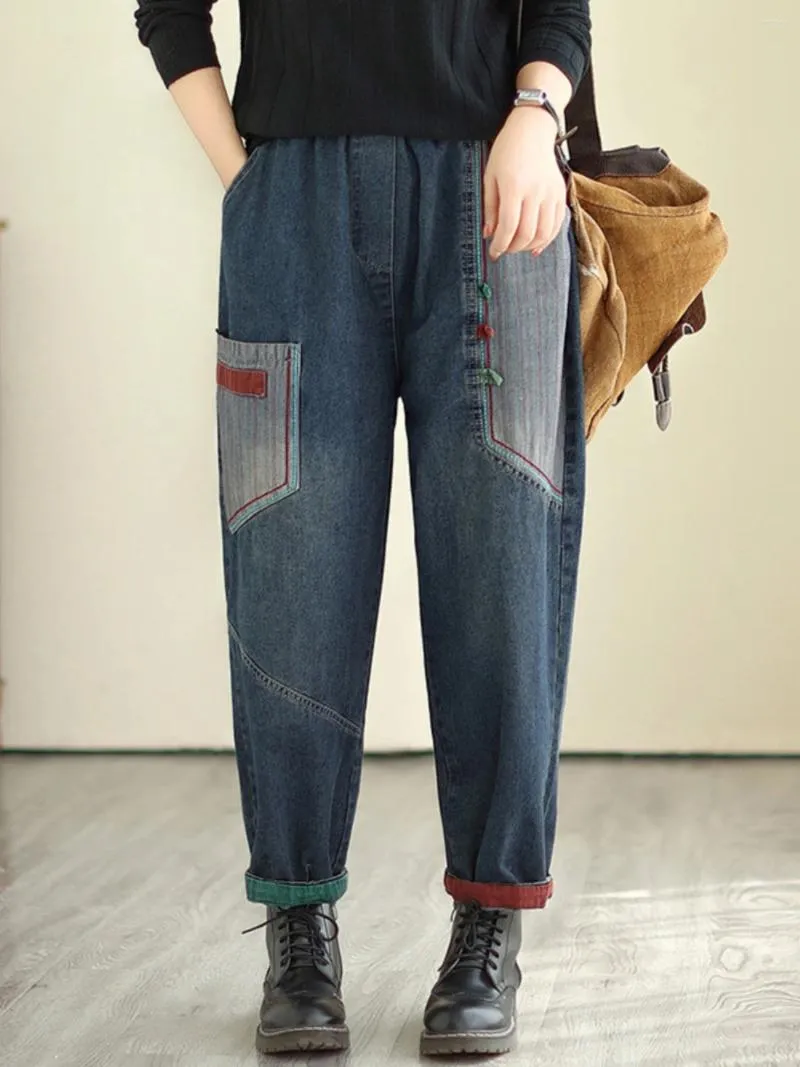 Женские джинсы Spring Fash Fashion Vintage Denim Pants Большой карманный лоскут женский эластичный талия свободные повседневные шикарные брюки гаремы