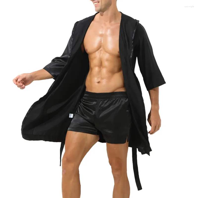 Vêtements de nuit pour hommes Hommes Surdimensionné Lâche Satin Soie Mince Sexy Peignoir À Capuchon Pyjamas Robe De Bain Robe De Nuit À Lacets Mâle