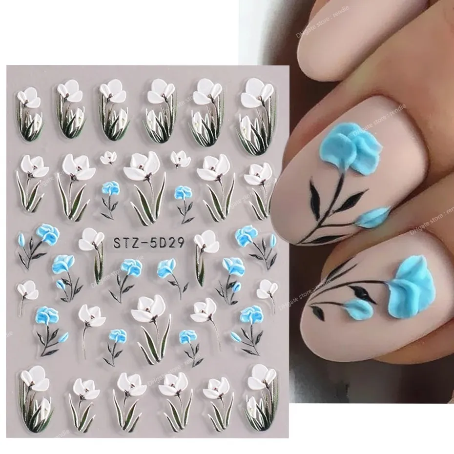 Snowdrop 5D Embossed Nail Stickers Acrylic White Blue Engraved Flower Leaf Wedding Decal Slider Manicure Decoration BESTZ-5D29 Nail ArtStickers Decals Nail Art