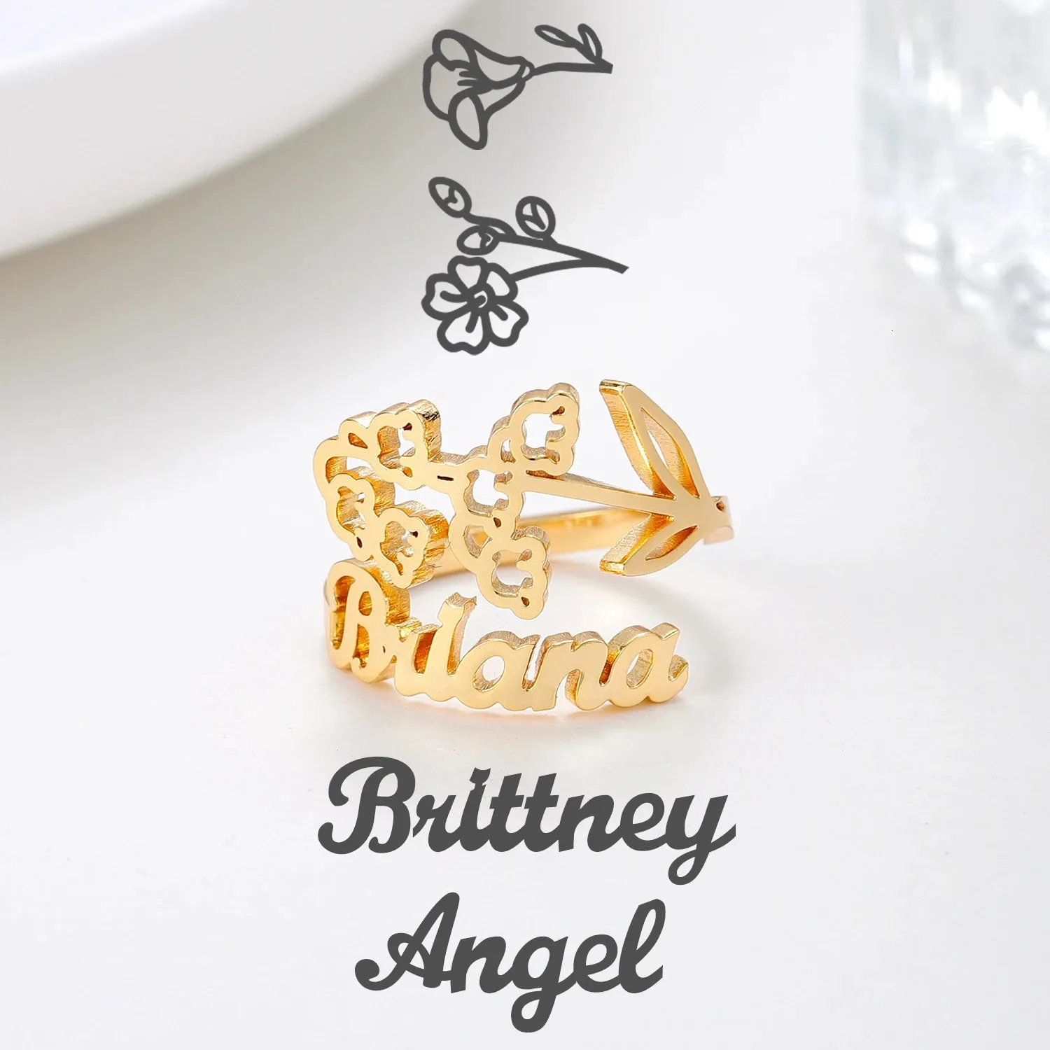 Anillos de boda Cumpleaños personalizado Nombre de la flor Anillo Cutomizado Anillo único para novia Esposa Mamá Regalos Declaración Joyería Ajustable 231030