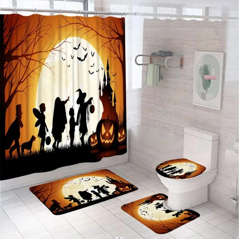 Shower Curtains Cartoon Pumpkin Curtain Set Halloween Bath Home Decor Witch Bat Full Moon Fabric Bathroom Screen Toilet Lid Cover Mat Rug