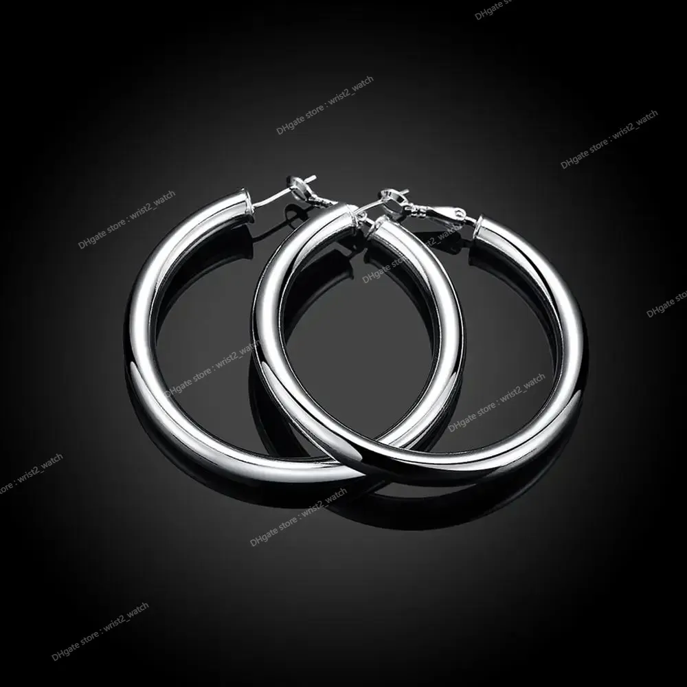 925 Sterling Silver Smooth 50MM Big Circle Hoop Earrings For Women Wedding Engagement Party Fashion Jewelry Christmas Gifts EarringsHoop Earrings