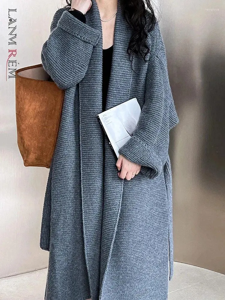 Maglieria da donna LANMREM lavorato a maglia lungo maglione cappotto sciarpa colletto cintura vita raccolta tinta unita abiti larghi moda 2023 inverno 23514