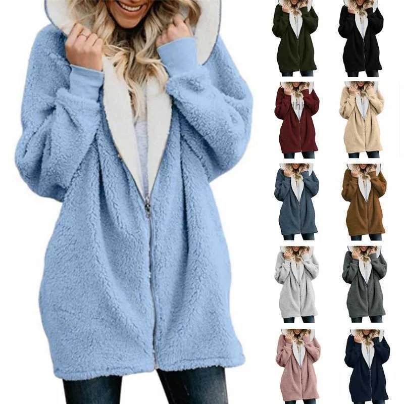 Kadın Hoodies Sweatshirts Kadın Kış Kış Artı Boyut Uzun Kollu Hoodie Ceket Bulanık Peluş Tam Fermuar Dış Giyim Cepleri ile Gevşek Dış Renkli Sıcak Ceket X0721
