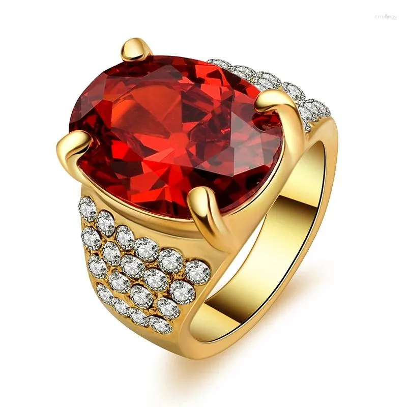 Bagues de cluster Big Ovale Rouge Pierre Cristal Zircon Vintage Mariage Pour Hommes 10KT Or Jaune Couleur Plaqué Bague Bijoux