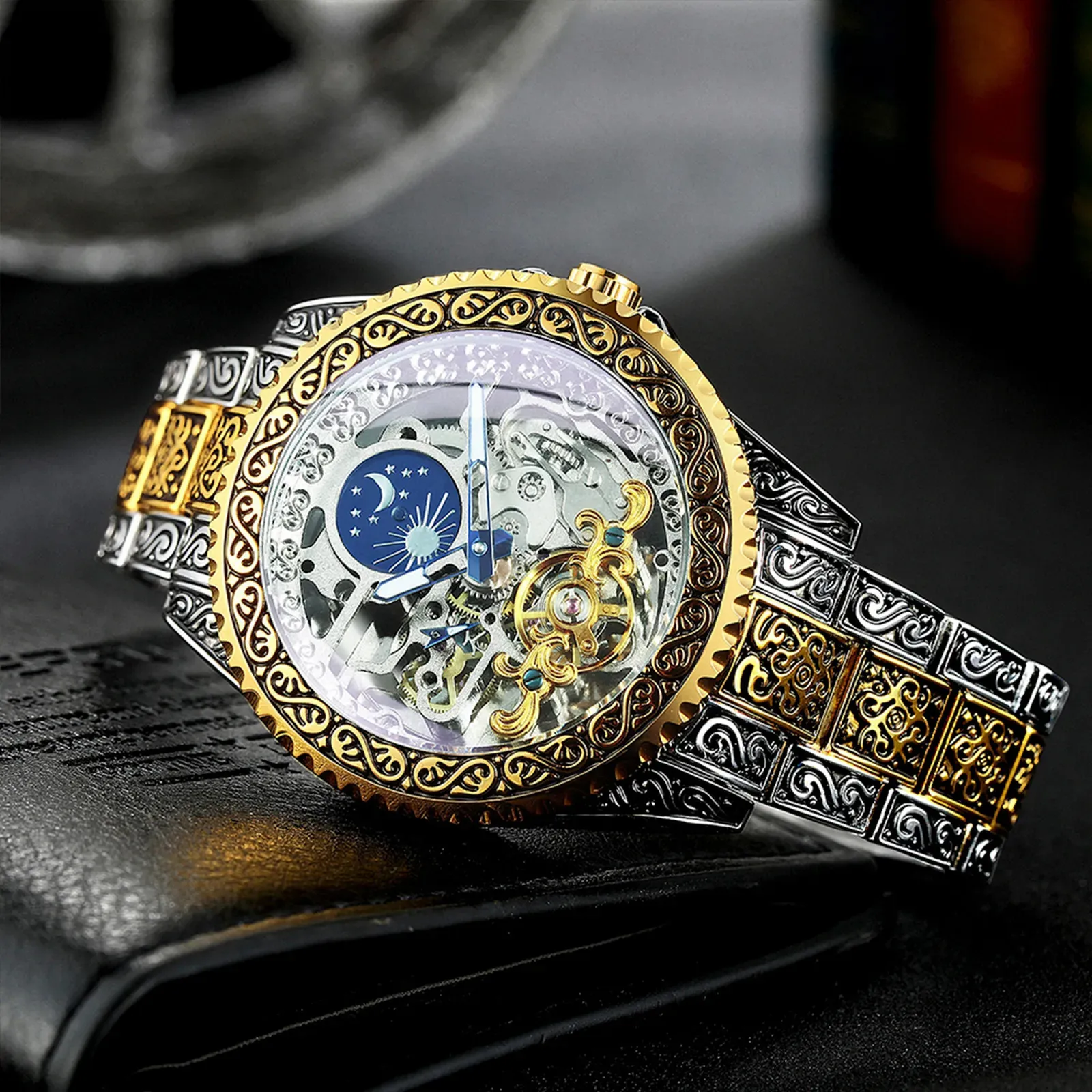 Relógios de pulso vencedor luxo lua fase esqueleto relógios mecânicos ouro gravado automático homens relógio de aço inoxidável cinta luminosa 231027