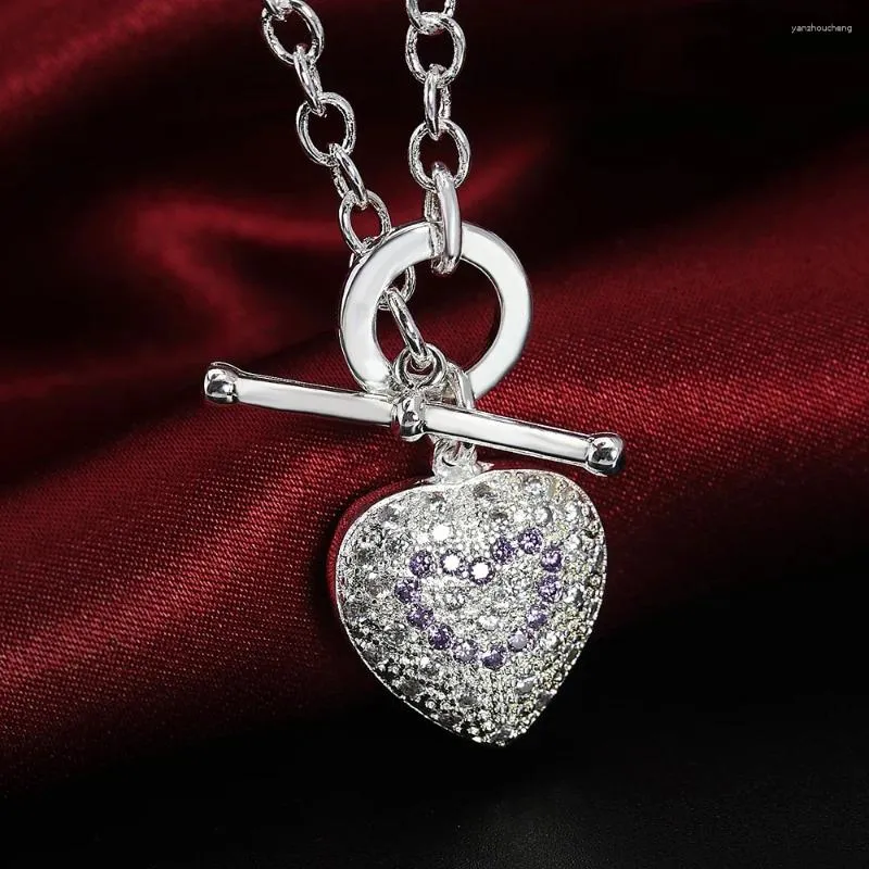 Ciondoli Moda Argento sterling 925 Fascino Viola Cristallo Romantico Collana con pendente a cuore per le donne Regalo di festa Gioielli di nozze