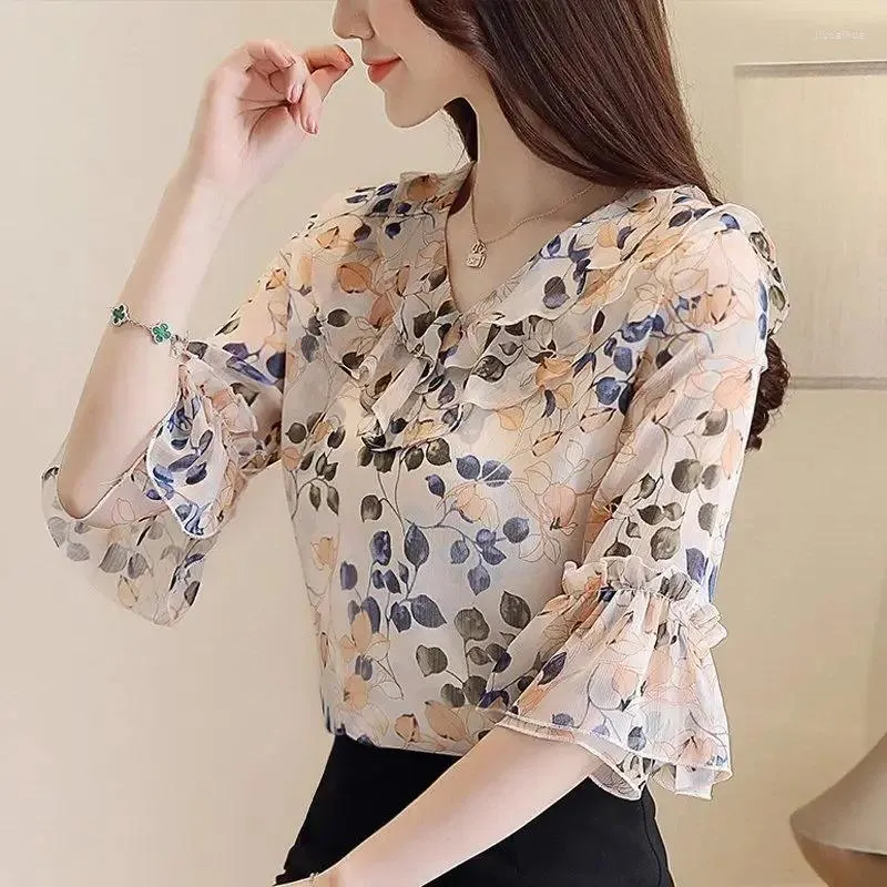 Blusas de mujer elegante con cuello en V y manga acampanada, camisa de gasa con volantes estampados, jerséis de oficina para mujer, blusa holgada de gran tamaño X632