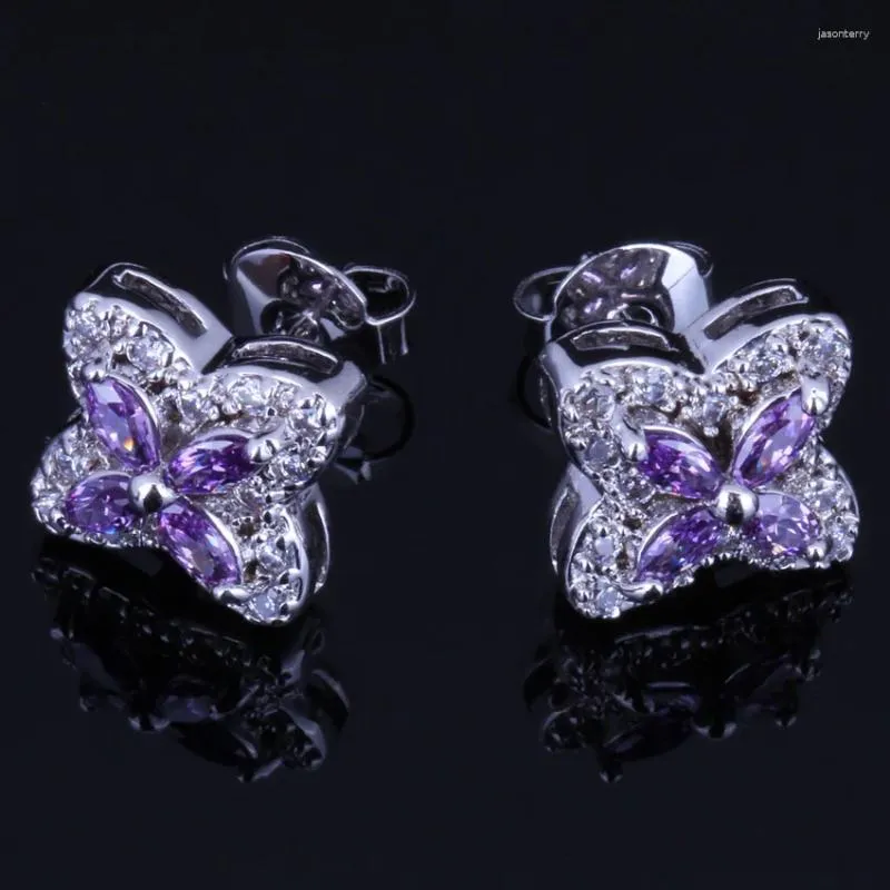 Stud Earrings Rare Star Purple Cubic Zirconia White CZ Silver Plated V0181