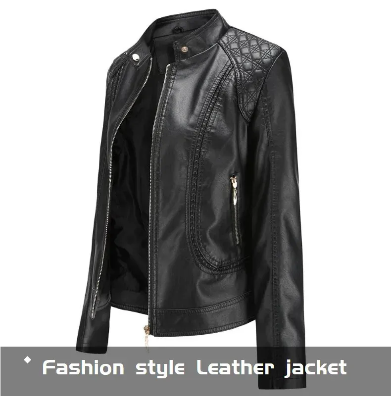 Elegant Womens Faux Leather Jacket - Stylish Stand-Up Collar