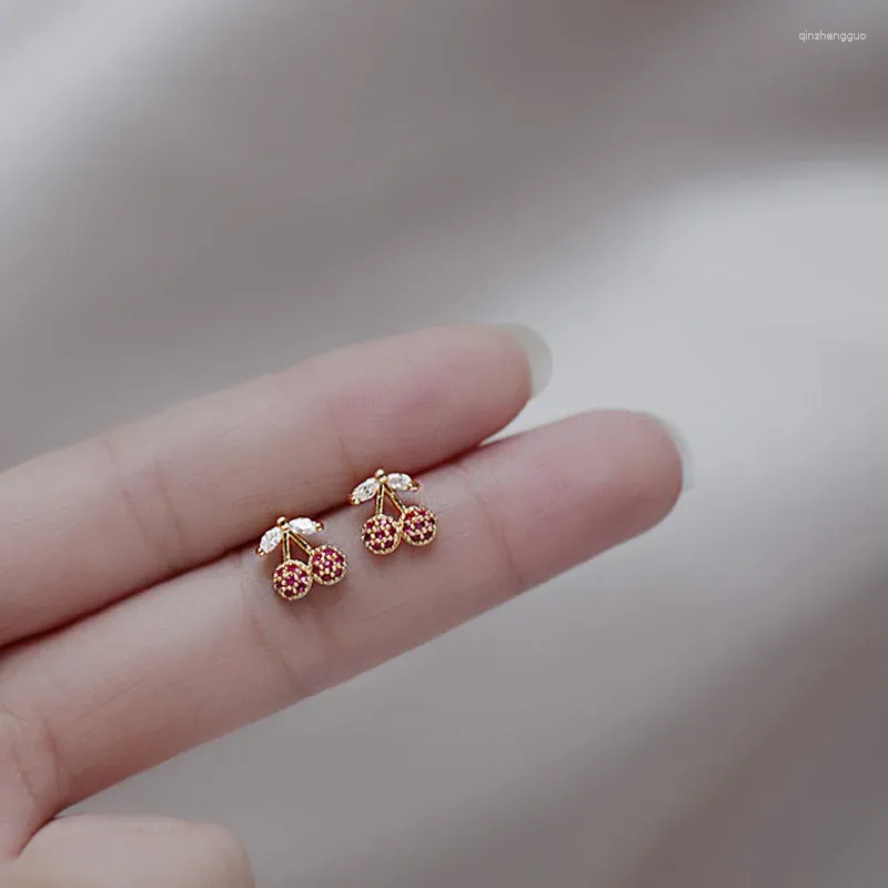 Stud Earrings Cute Gold Color Bling Rosered Zircon Cherry For Women Fashion Jewelry Accessories