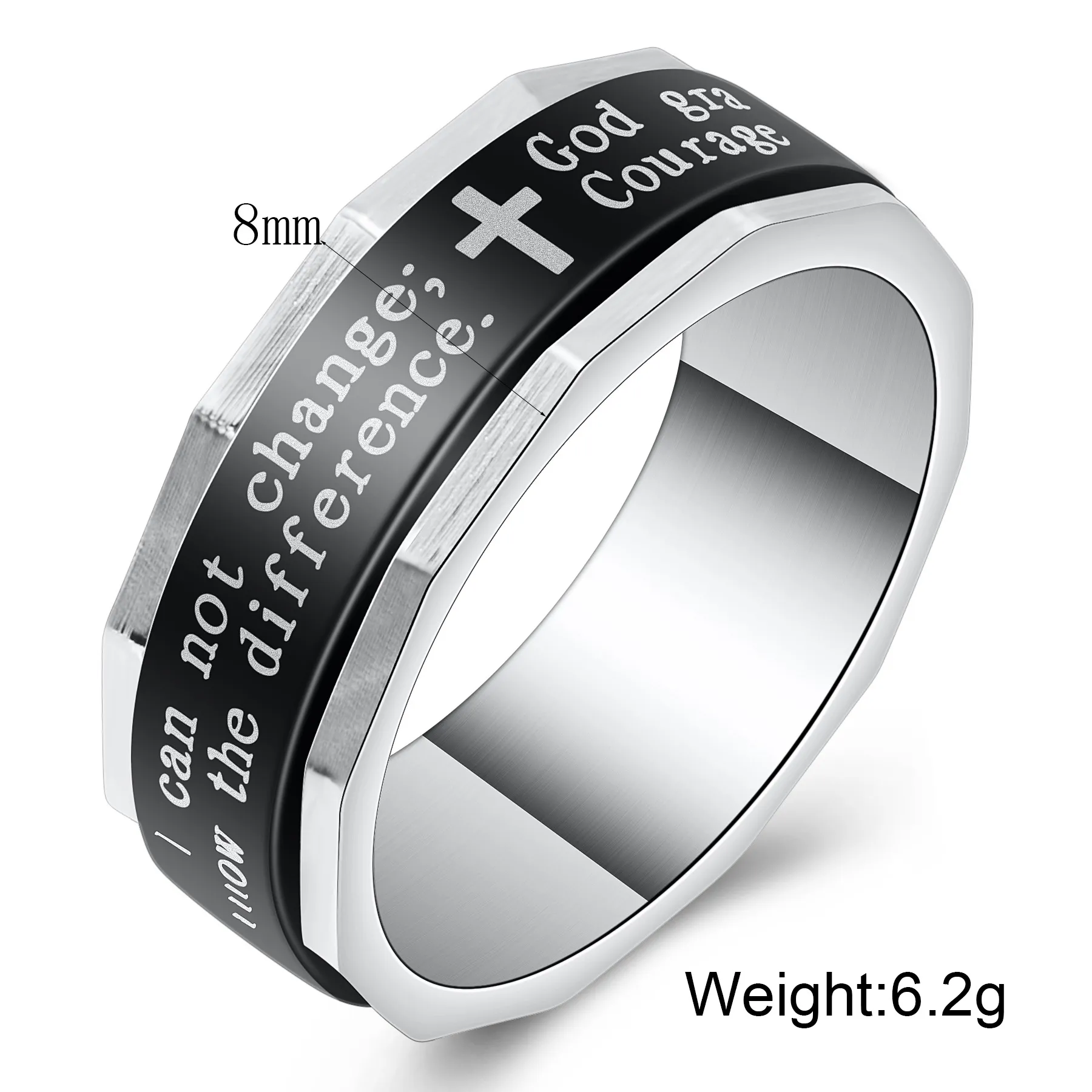 Bague tournante de prière de sérénité en acier inoxydable noir pour hommes et femmes, 9MM