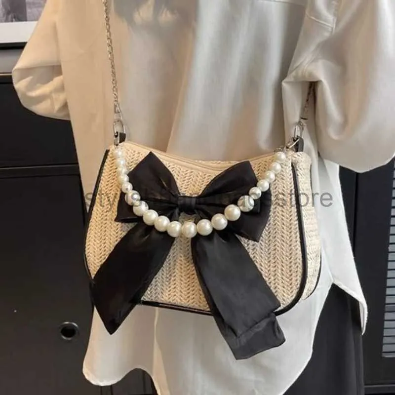 Shoulder Bags Summer Fashion Women's Straw Sour Cross Body Bag Sweet Women's Wallet Bag Pearl Women's Bow Bagstylishhandbagsstore