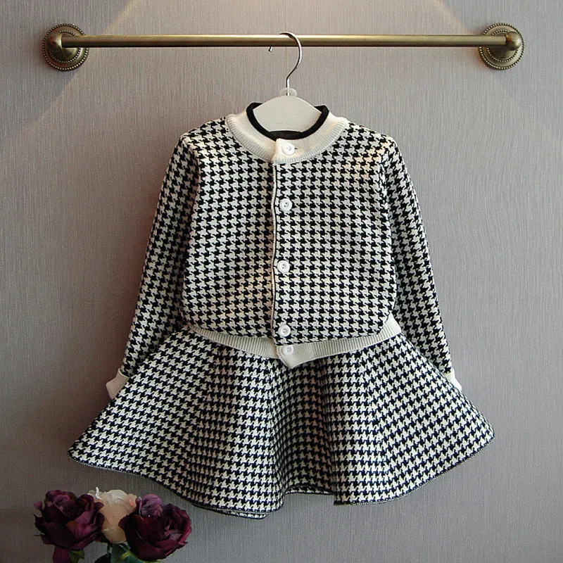 Mädchen Plaid Kleidung Sets Langarm Prinzessin Pullover Kurzen Rock Zwei Stück Kinder Frühling Herbst Gestrickte Outfits Baby Kleidung BH79