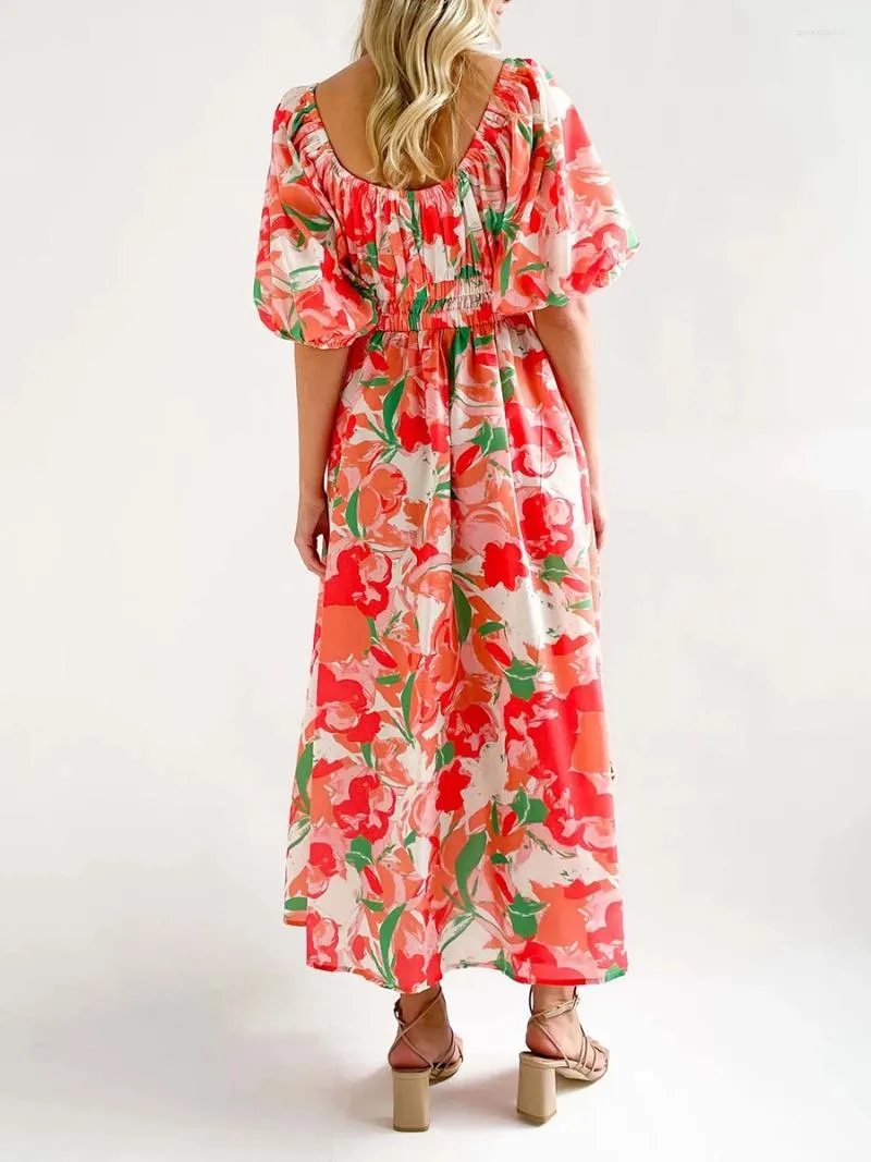 Lässige Kleider Damen Elegantes A-Linien-Maxikleid mit V-Ausschnitt, Flatterärmeln und Blumendruck, perfekt für Sommer-Strandbekleidung
