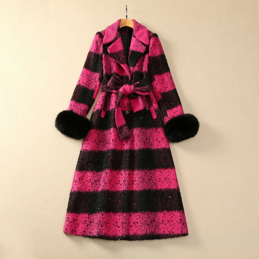 2023 Jesienna Pink Plaid Belted Blends Wood Firma Otwardzka długie rękawowe cekiny z pojedynczą długą warstwą znamionową płaszcze o rozmiarach XXXL S3O261026