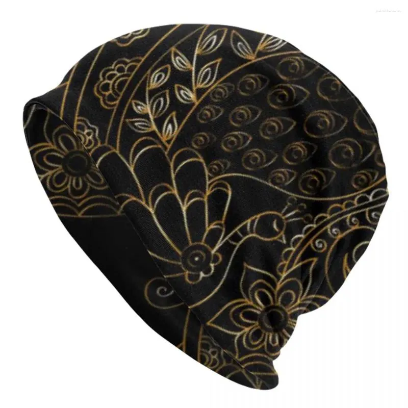 Bérets hommes femmes hiver bonnets chauds doré Mandala paon décontracté doux tricot chapeau