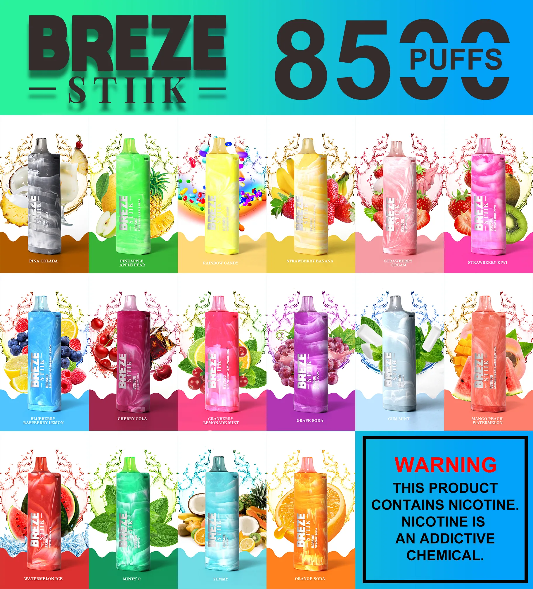 Factory Direct BREZE STIIK BS8500 Puff Vapes Bars 17 ml Pods avec batterie rechargeable de type C de 600 mAh 8500 Puffs Vapes jetables Puff Tornado Vapers