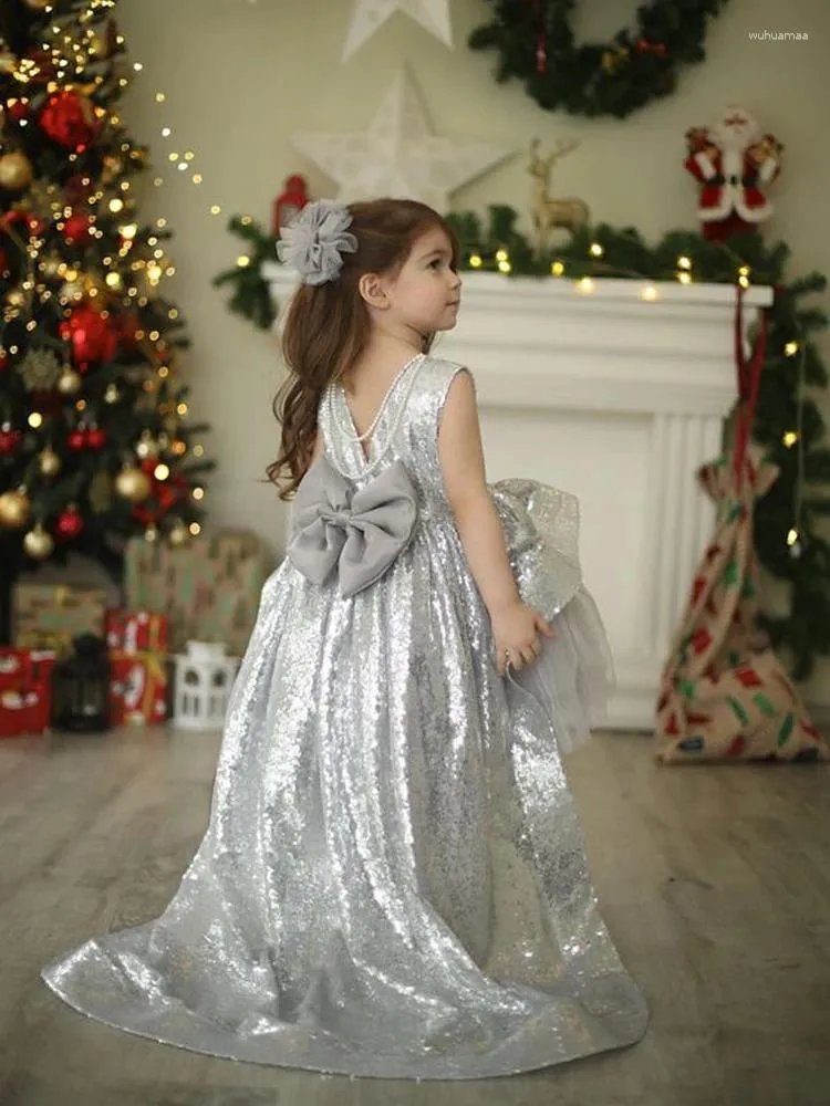 Vestidos para niñas, desfile de princesa con lentejuelas brillantes y tren, espalda con cuentas, vestido de flores alto y bajo, vestidos largos de fiesta para niños pequeños