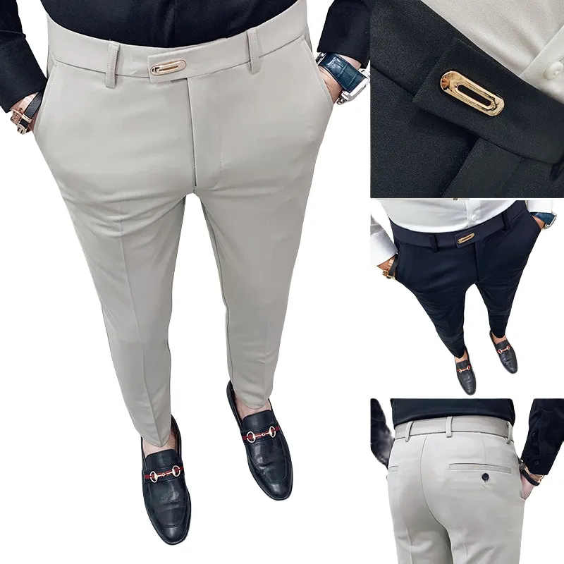 Casual Slim Fit Mens Dress Pants Streetwear Full Längd Suit Män Högkvalitativ Gentlemen Office All Match