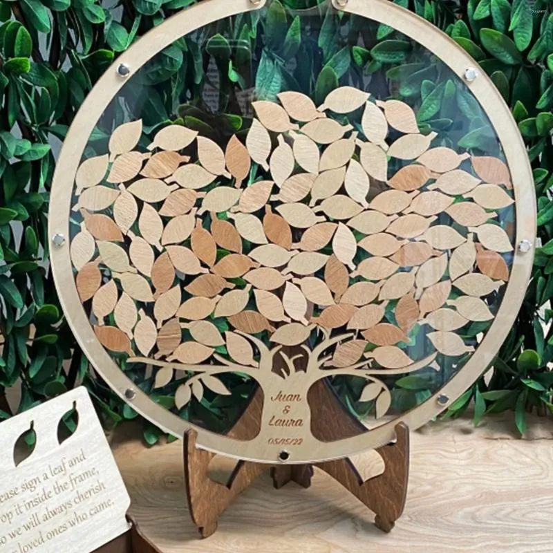 Party Supplies Wedding Guest Book Tree And Leaves Alternative Decorations Message Wooden Round Transparent Blessing Collection Box