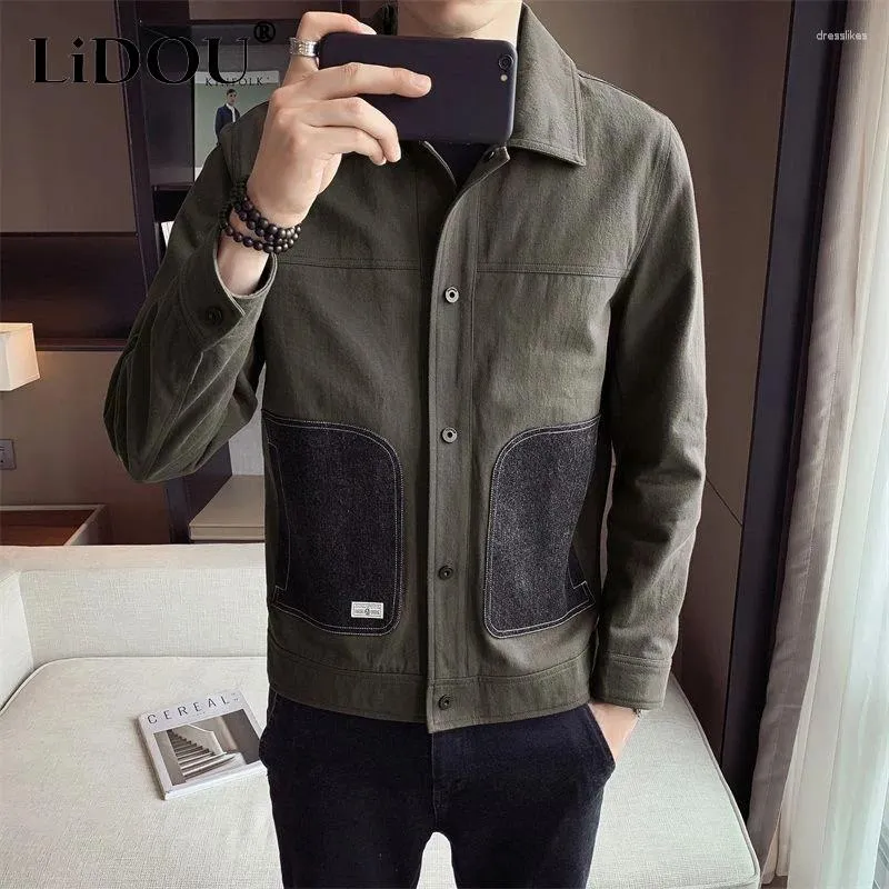 Kurtki męskie 2023 Spring Autumn Solid Kolor Fashion Down-Down Kllar Long Rleeve Jacket Man Man Korean Style Pockets All-Match Warem