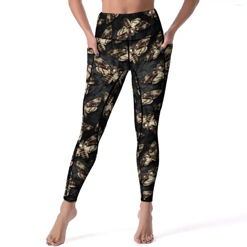 Leggings da donna Pantaloni da yoga gotici gotici Tasche Testa di morte Falena Collant sportivi sexy a vita alta Moda Leggins fitness grafici