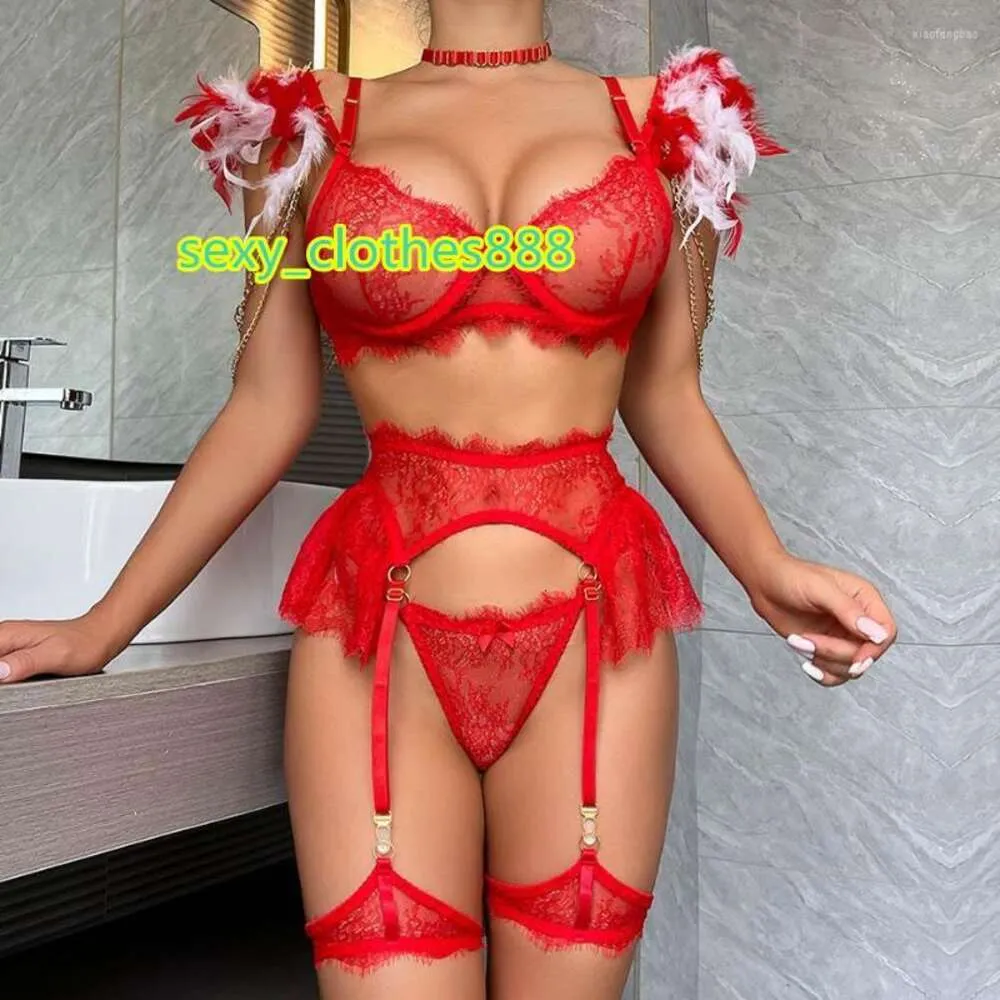 Conjuntos de sutiãs lingerie sexy conjunto para mulheres roupa interior vermelho pena renda sutiã e calcinha transparente erótico breve liga trajes porno