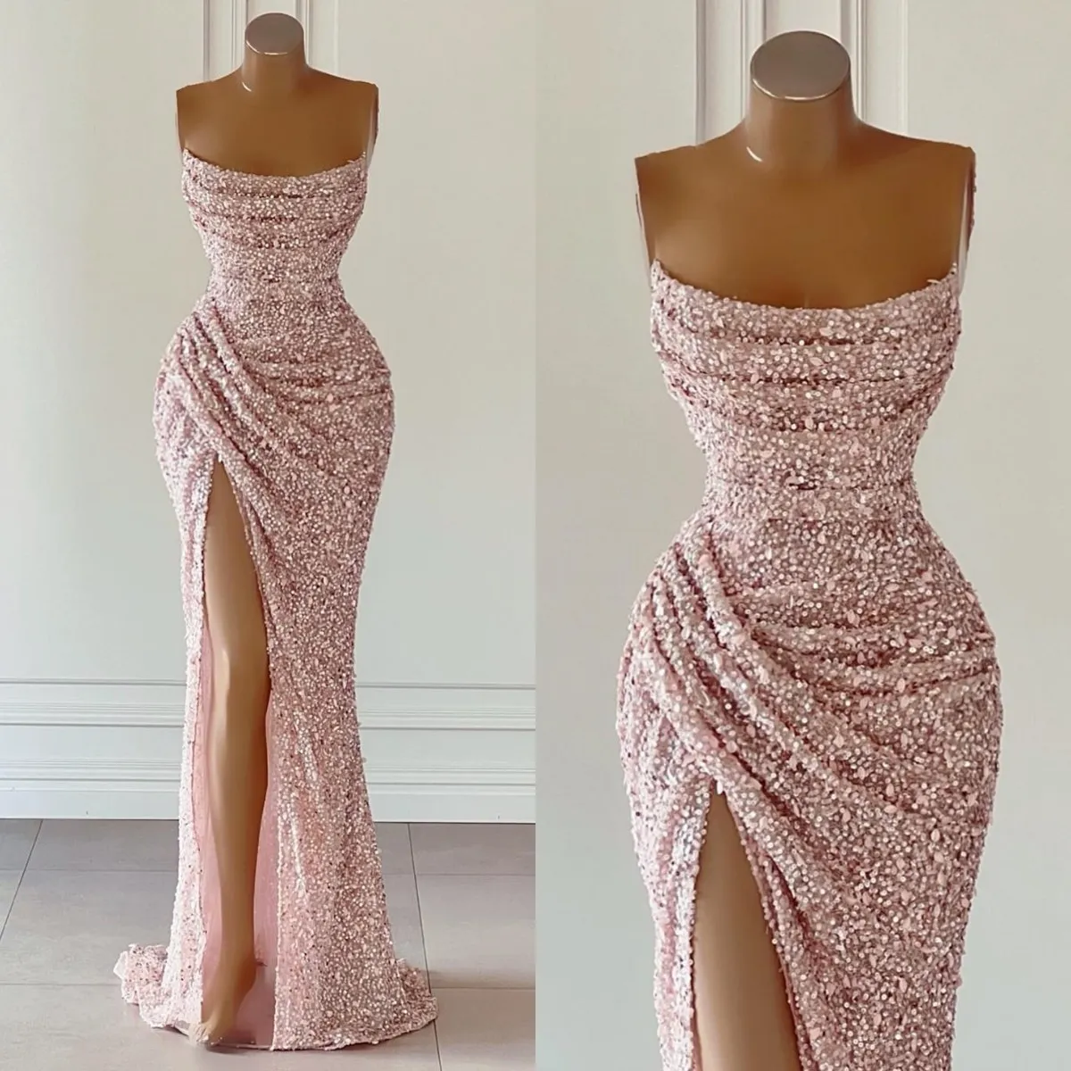 Sexy Pink Mermaid Evening Dresses Sequins Strapless Party Prom Sweep Train Pleats Long Dress for special ocn
