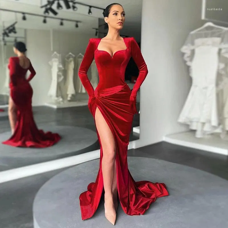 Casual Dresses Red Deep-V Elegant Slim Bodycon High midjehandskar klänning Autumn Winter Long Sleeve Vintage Maxi Party Drop No.346
