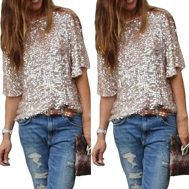 Women Sequin Short Sleeve Casual Sparkly Tops Glitter Evening Party Shirt Polyester Gold Short Sleeve Casual Party 2024