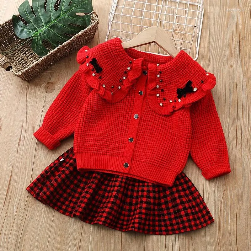 Clothing Sets Girls Woolen Clothes Spring Autumn 1 2 3 4 5 6 Years Old  Children Sweater Coat Skirts 2pcs Party Suit For Baby Outfits Kids