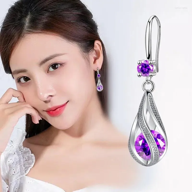 Kolczyki Dangle Piękne srebrne lśniący Purple Crystal for Women Caluas Fashion Biżuteria Party Wedding Christmas Prezenty