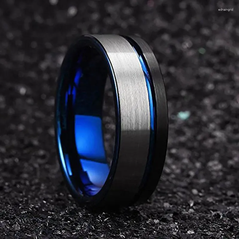 Cluster Rings 8mm Mens Black Blue Tungsten Carbide Ring Wedding Band Asymmetric Grooved Brushed Finish Comfort Fit Jewelry