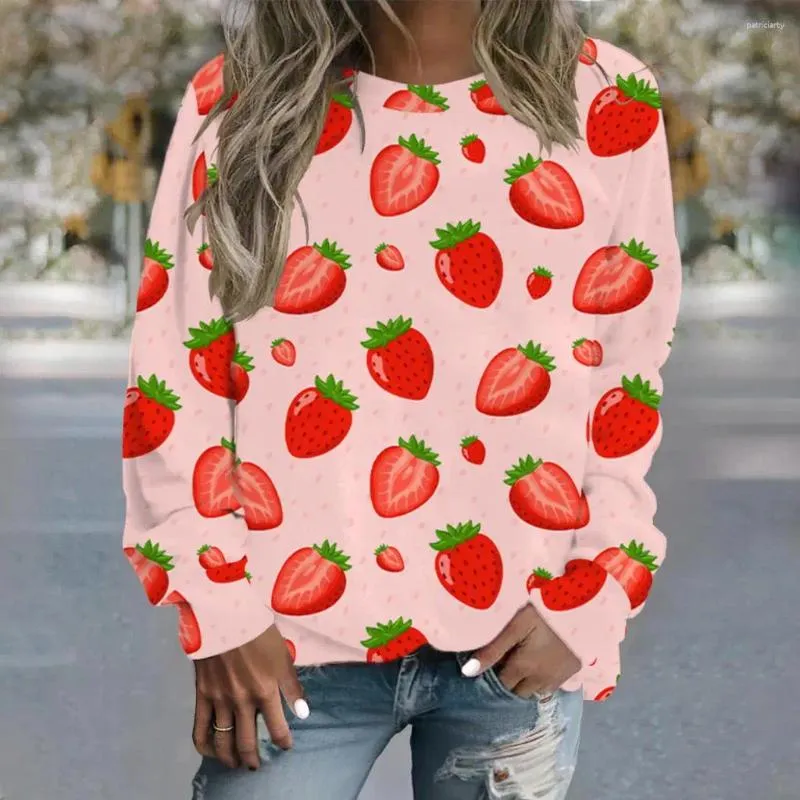 Felpe con cappuccio da donna Maglione girocollo stampato 3D fragola 2023 Top autunnale Plus Size Pullover comodo e versatile