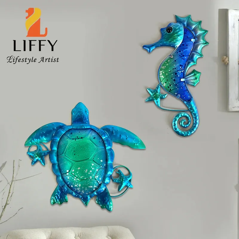 Objets décoratifs Figurines Hippocampe tortue bleue en métal avec art mural en verre pour la maison décorative sur le thème de l'océan Sculpture Statue de salon salle de bain piscine 231030